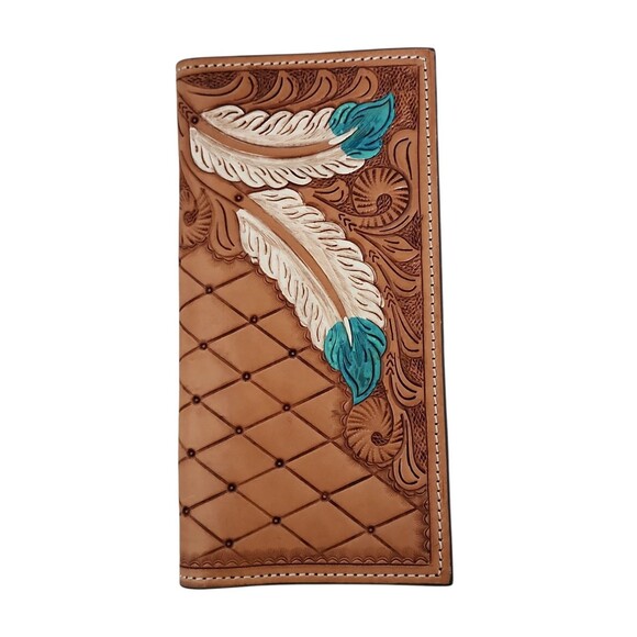 Western Ladies Bi fold Wallet Hand Tooled Painted Feathers Zippered Pocket 8"x4" - Picture 1 of 7